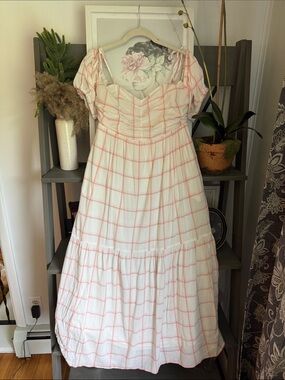Universal Thread White Maxi Dress with Pink Windowpane